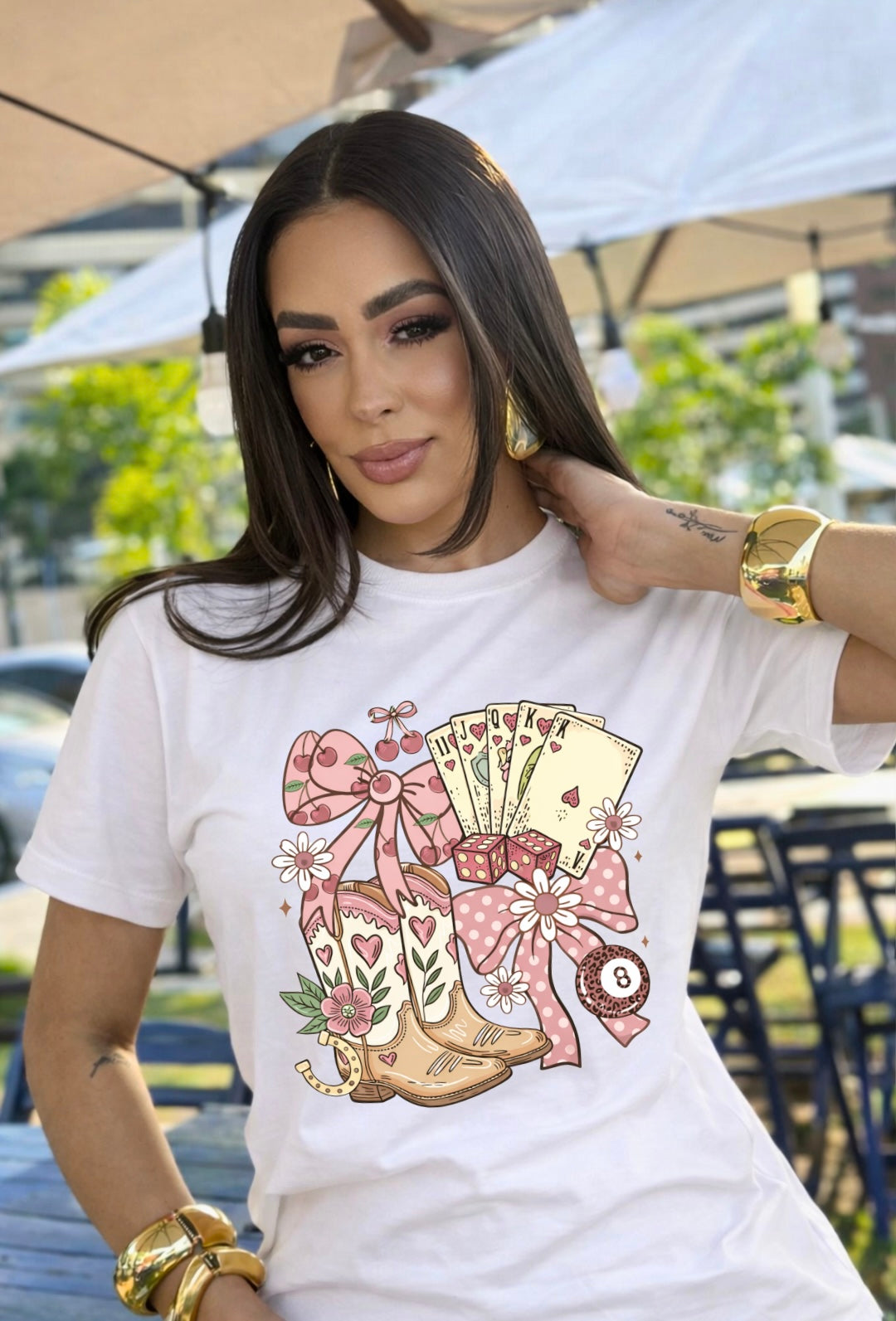 Cowgirl Luck Tee — Vintage Western Boots, Poker Cards & Bows Graphic Tee